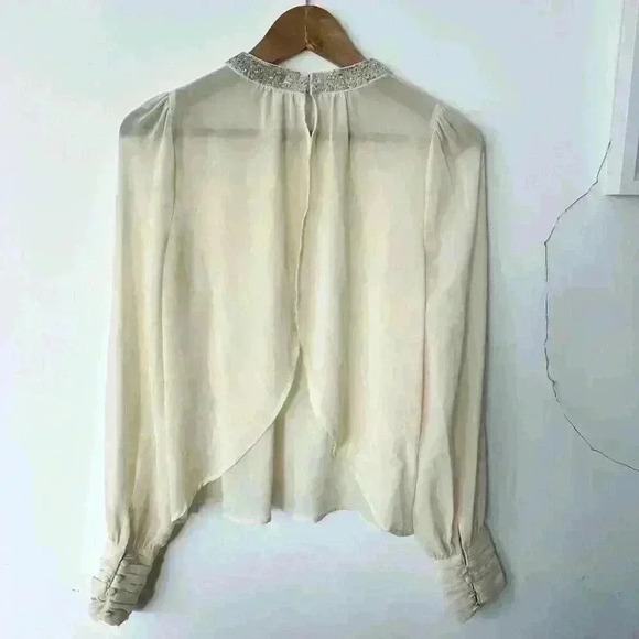Lush Women’s Sheer White Cream Blouse Boho Timeless Sheer Bejeweled Collar Small - Picture 6 of 11